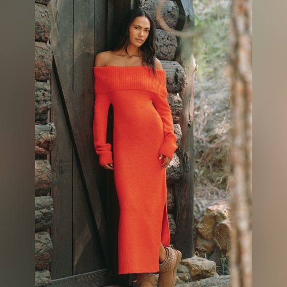 Daily Practice Dresses & Skirts - Daily Practice Off-Shoulder Ribbed Sweater Midi Dress in Cherry Red Size Med NWT